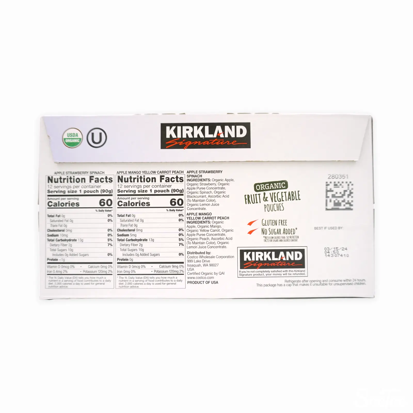 KIRKLAND SIGNATURE オーガニック フルーツ&ベジタブル パウチ 90g x